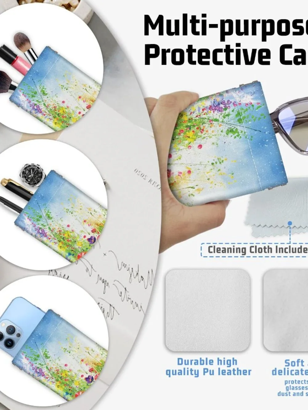 Soft Sunglasses Eyeglass Glasses Case,7x3.5inch Portable PU Leather Squeeze Top